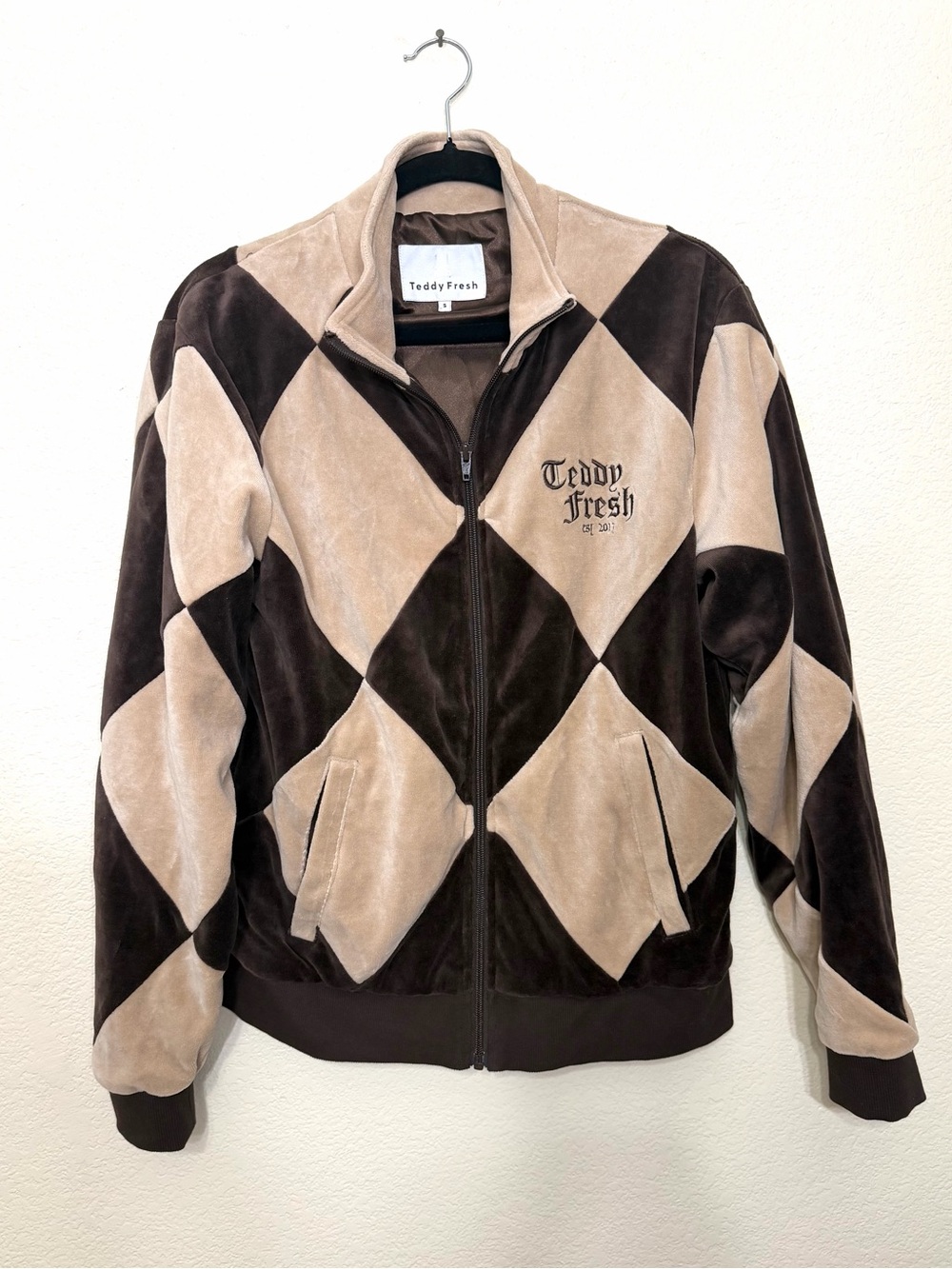 Teddy Fresh brown and tan diamond velour track jacket size S